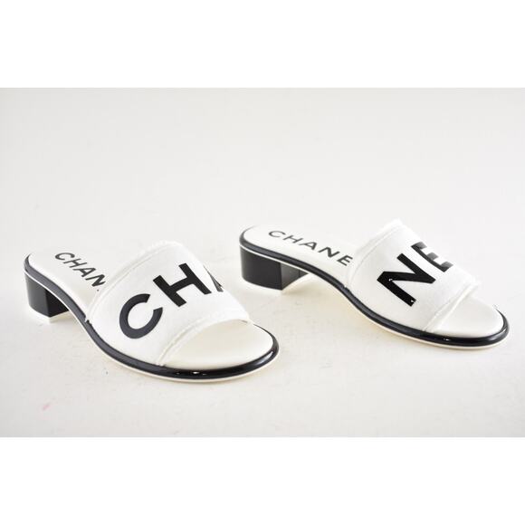 Chanel 24C White Black CHA NEL Letter Logo Mule Slide Block Heel Sandal 40 - Picture 5 of 16